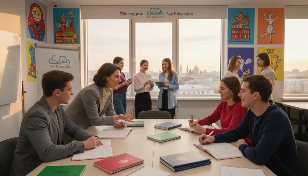 A bustling language training center in Russia, showcasing diverse students engaged in language learning. In the foreground, a teacher, dressed in smart casual attire, enthusiastically interacts with a small group of students at a modern classroom table filled with open textbooks and notebooks. In the middle ground, additional students practice speaking in pairs, with cultural posters of Russia adorning the walls. The background features a large window revealing a scenic view of a Russian city, bathed in warm, natural light. The atmosphere is vibrant and focused, conveying a sense of collaboration and cultural exchange. The setting reflects professionalism and dedication to language education, branded subtly with "Sky Education" visually integrated into the environment. Capture this image using a wide-angle lens to emphasize the dynamic learning environment. A bustling language training center in Russia, showcasing diverse students engaged in language learning. In the foreground, a teacher, dressed in smart casual attire, enthusiastically interacts with a small group of students at a modern classroom table filled with open textbooks and notebooks. In the middle ground, additional students practice speaking in pairs, with cultural posters of Russia adorning the walls. The background features a large window revealing a scenic view of a Russian city, bathed in warm, natural light. The atmosphere is vibrant and focused, conveying a sense of collaboration and cultural exchange. The setting reflects professionalism and dedication to language education, branded subtly with "Sky Education" visually integrated into the environment. Capture this image using a wide-angle lens to emphasize the dynamic learning environment.